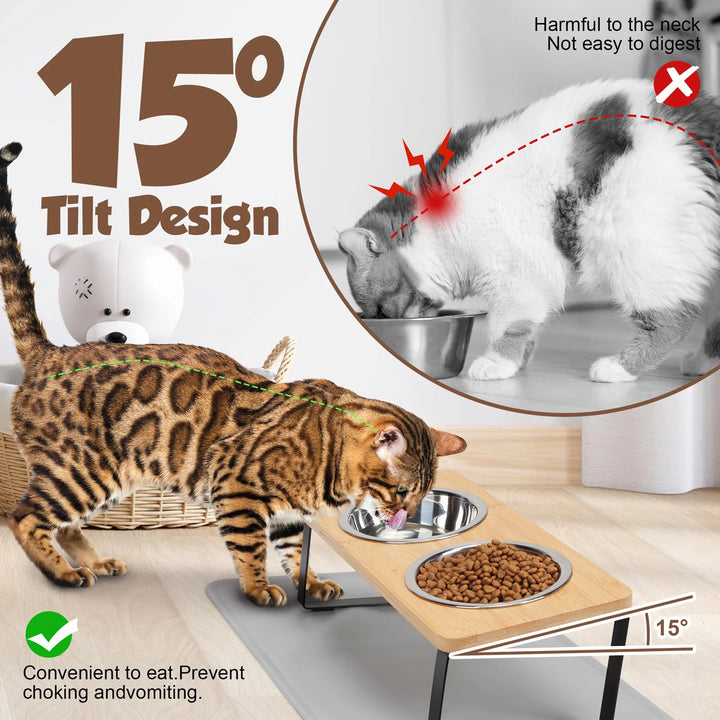 Taças Elevadas para Gatos com Inclinação 15° — 2 Taças Inox com Tapete Antiderrapante