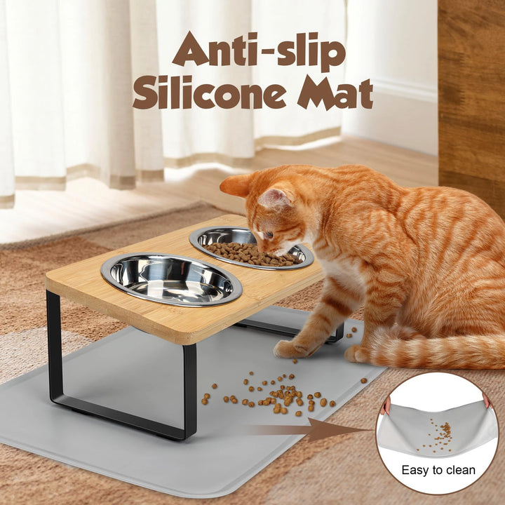 Taças Elevadas para Gatos com Inclinação 15° — 2 Taças Inox com Tapete Antiderrapante